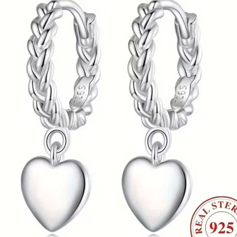 Earrings Heart Shape Pendent on Twisted Rope Hoop Sterling Sliver Plate LAST ONE